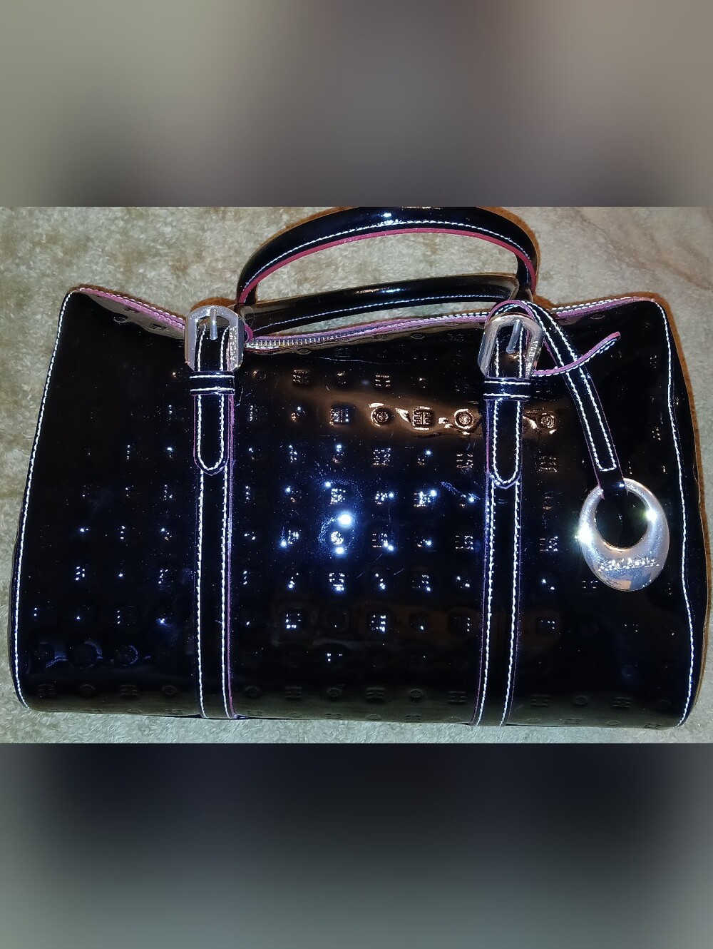 Arcadia Patent Leather Black Satchel with Red Trim - Designer Inspired